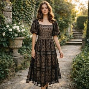 Polagram Black and Gold Midi Dress with Puff Sleeves